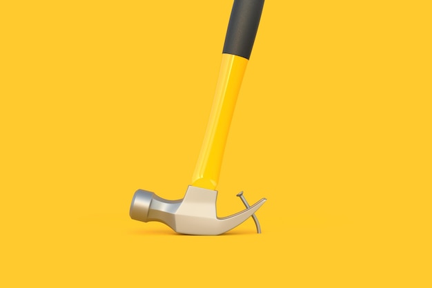 Klauenhammer mit gelbem Kunststoffgriff zieht einen Nagel aus einer Planke auf gelbem Hintergrund 3D-Rendering