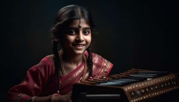 Klavierspielende Mädchen lächeln mit Zuversicht und Freude, die von der KI erzeugt werden