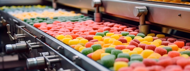 Kleben Sie Süßigkeiten kandierte Früchte in der Lebensmittelindustrie bereit für die automatische Verpackung. Konzept mit automatisierter generativer KI für die Lebensmittelproduktion