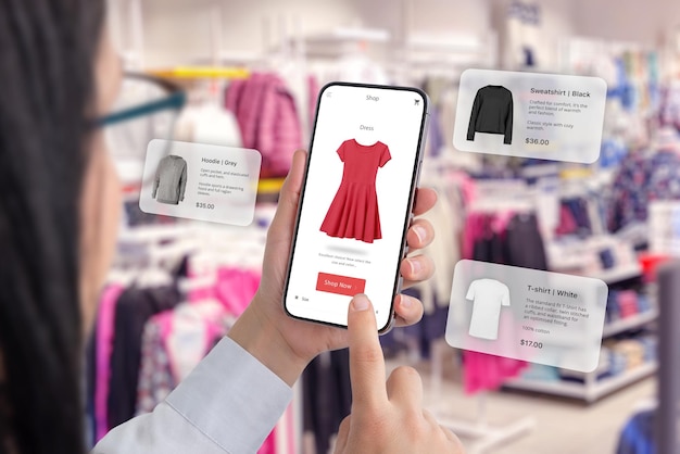 Kleidungsgeschäfte über eine Smartphone-App mit Ballons, die Kleidungsempfehlungen vorschlagen