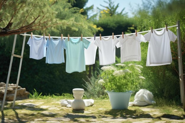 Foto kleidungsstücke, die auf einer wäscheleine trocknen, die für wäschereien oder mode-konzepte geeignet sind
