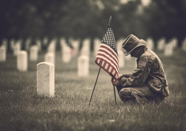 Kleine amerikanische Flaggen und ein Mann auf dem Nationalfriedhof Memorial Day zeigen KI-generiert