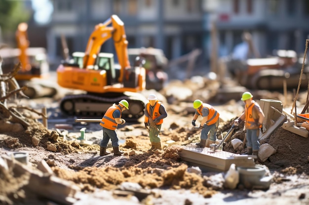 Foto kleine arbeiter in schutzhelmen und westen bei erdarbeiten mit einem bagger