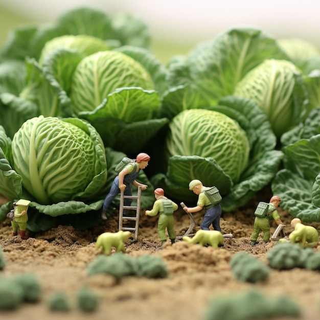 Kleine Arbeiter pflücken Kohl auf dem Bauernhof