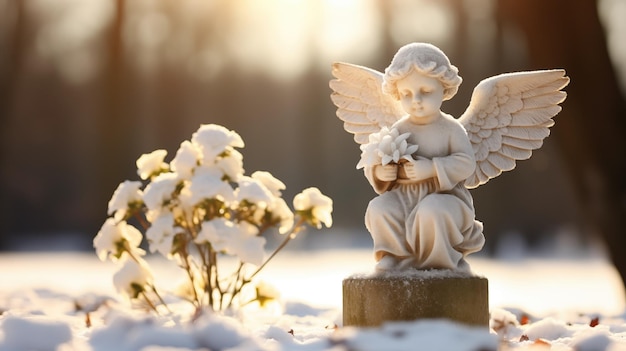 Foto kleine baby-engelsstatue auf dem friedhof an einem sonnigen wintertag