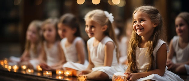 Foto kleine ballerinen, die sich beim ausführen von übungen beugen, während sie im ballettunterricht auf dem boden sitzen