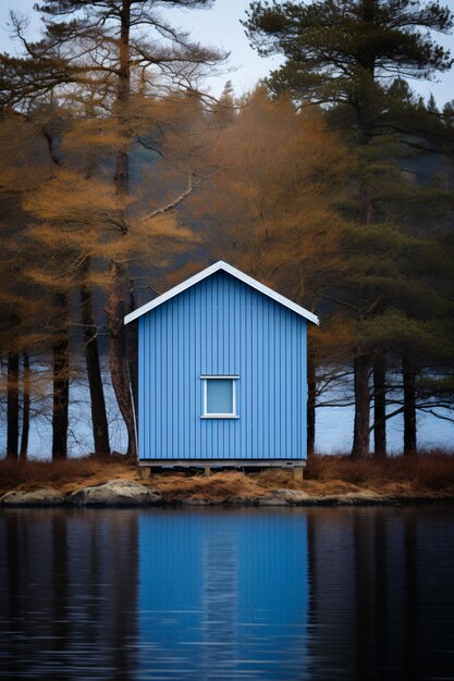 Kleine blaue Holzhütte am See, umgeben von Bäumen im Herbst