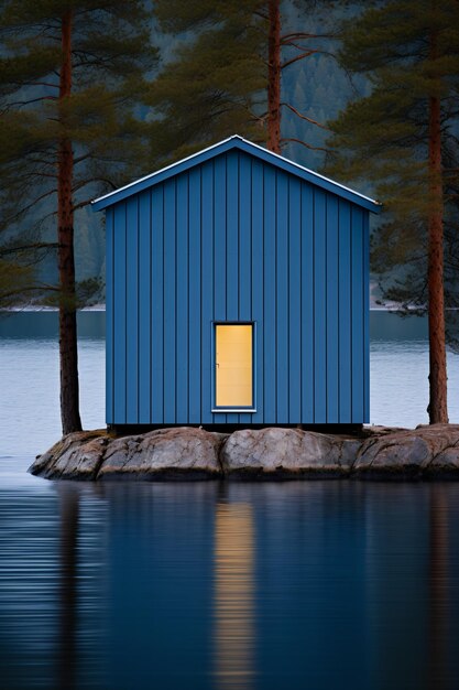 Kleine blaue Hütte am See, umgeben von Bäumen in der Dämmerung