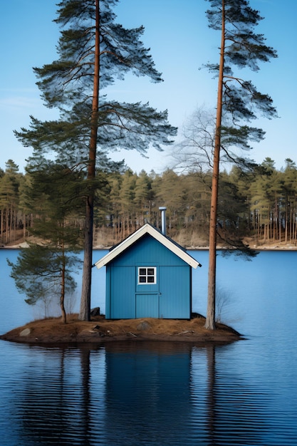 Kleine blaue Hütte am See, umgeben von Bäumen