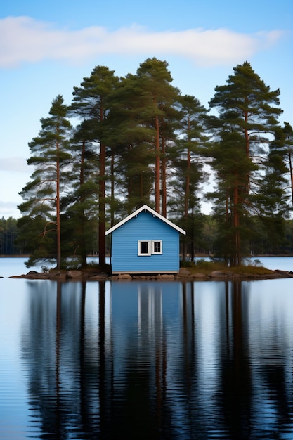 Kleine blaue Hütte am See, umgeben von hohen Kiefern