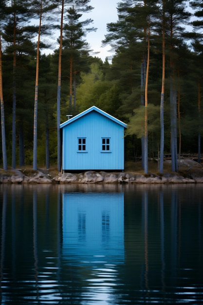 Kleine blaue Hütte am See, umgeben von Kiefern