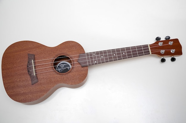 Kleine braune Holz-Ukulele-Gitarre in schwarzem Cover