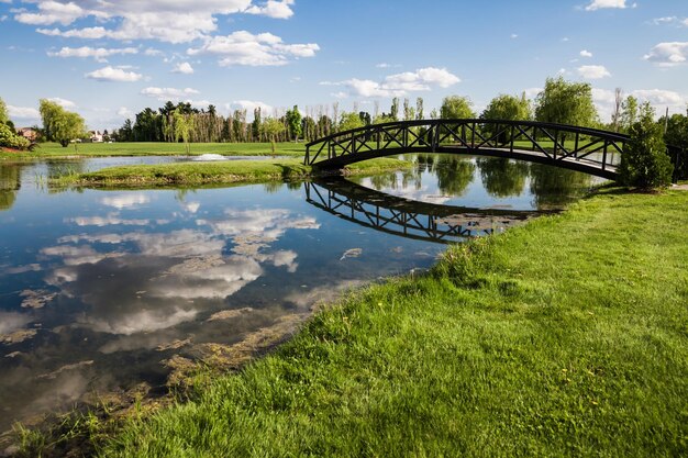 Foto kleine brücke über einem teich