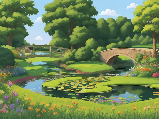 Kleine Brücke über einen Fluss im Wald an einem sonnigen Tag. Digital Painting Generative AI