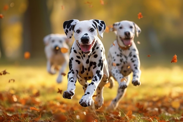 Kleine dalmatinische Hunde spielen und laufen fröhlich im Freien