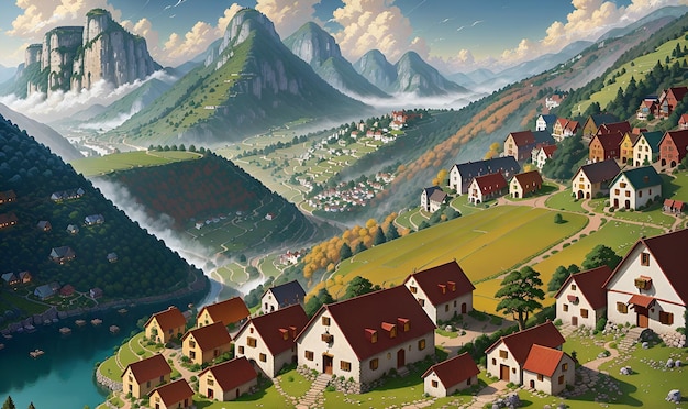 Kleine Dorfgemeinschaft, Siedlungsstadt in den Hügeln, Anime-Landschaft, Hintergrund, Wandkunst, Scifi-Druck, Fantasie, generative KI