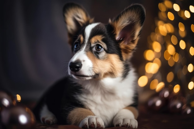 Kleine dreifarbige Waliser-Corgi-Welpen-Strickjacke in Studiowolken