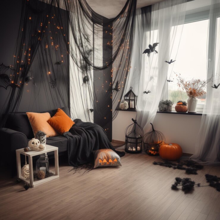 Kleine Ecke im Wohnzimmer für Halloween mit leuchtenden Textilkürbissengirlanden dekoriert