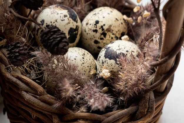 Kleine Eier im Weidenkorb Osterdekor hautnah