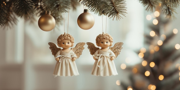 Foto kleine engelfiguren, die an einem weihnachtsbaum hängen