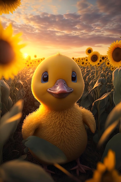 Kleine Ente im Sonnenblumenfeld mit Sonnenuntergang im Hintergrund