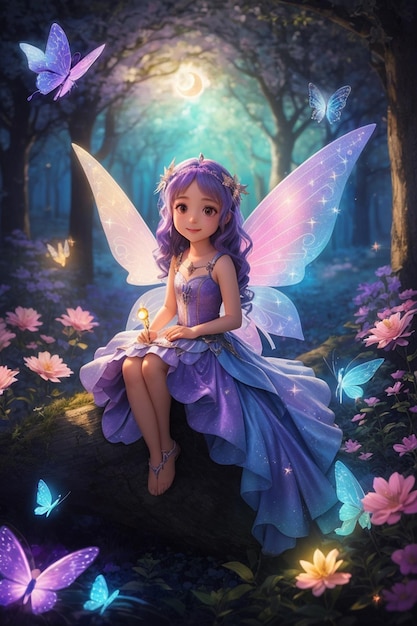 Foto kleine fee im lila kleid sitzt und lächelt