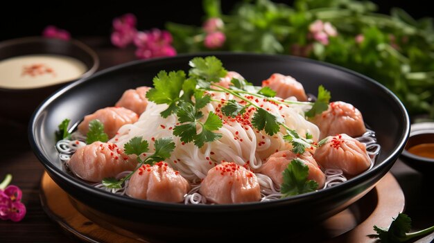 Kleine flache Reisnudeln mit Fischkugeln und Garnelenkugeln in rosa Suppe yen ta vier oder yen ta fo als