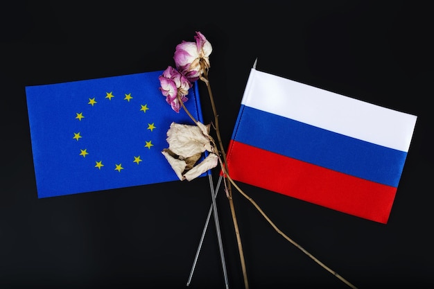 Kleine Flaggen der Europäischen Union und der Russischen Föderation und zwei getrocknete Blumen auf einer schwarzen Oberfläche. Hintergrund