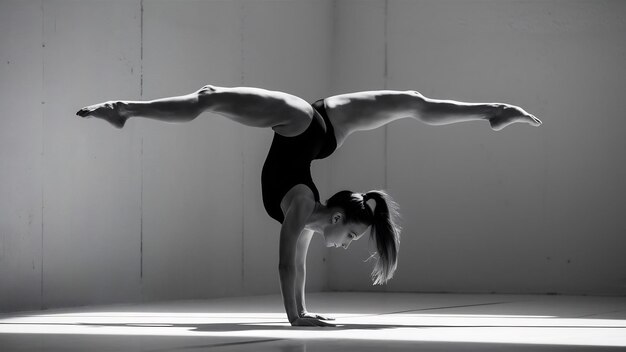 Kleine flexible Gymnastin, isoliert an einer weißen Wand