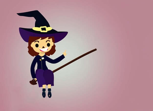 Kleine fliegende Hexe Halloween-Party Ein Mädchen auf einem Besen mit einer schwarzen Katze und einer Kürbislaterne