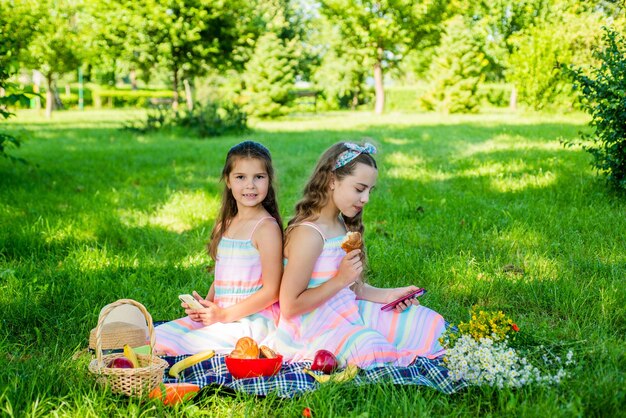 Kleine Freundinnen, die idyllischen Moment des Picknicknaturhintergrundes haben