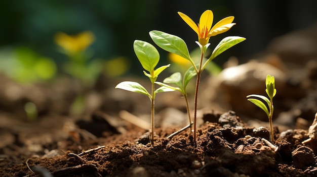 Kleine gelbe Blüten sprießen aus dem Boden im Dreck