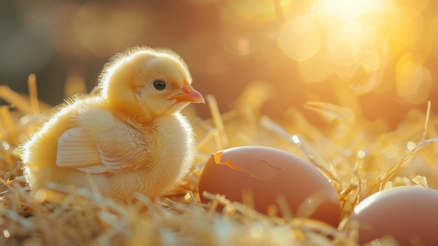 Kleine gelbe Ente neben zwei Eiern