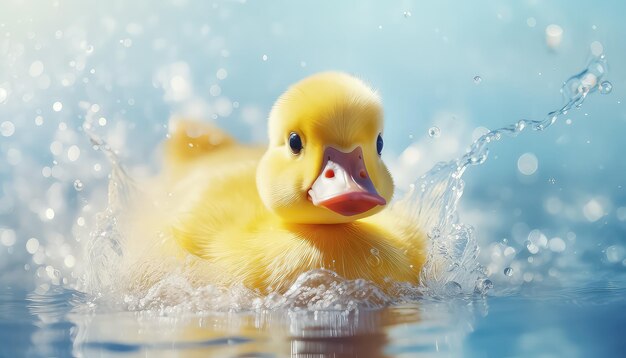 Kleine gelbe Ente spritzt im Wasser