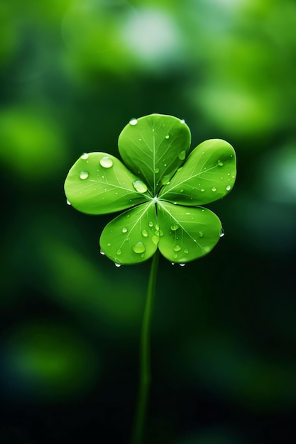 Kleine grüne Stange auf einem Kleeblatt, das aus Gras wächst, überall um den verschmierten grünen Hintergrund herum. Grünes Vierblatt-Kleeblatt-Symbol des St. Patrick's Day