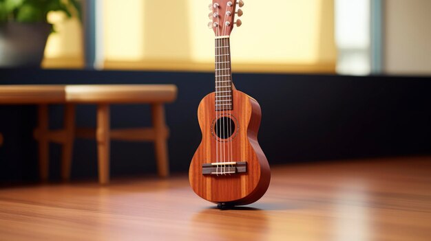 Kleine hölzerne Gitarre auf einem Hartholzboden