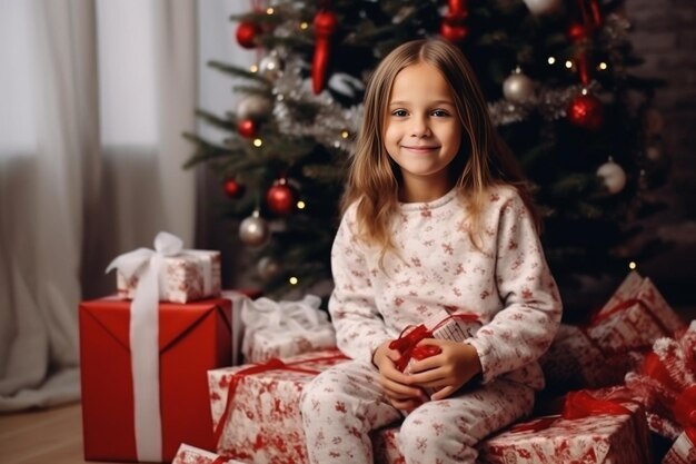 Kleine hübsche Mädchen in rot-weißen Weihnachtspyjamas stehen auf einem weißen Bett mit Ch Generative AI