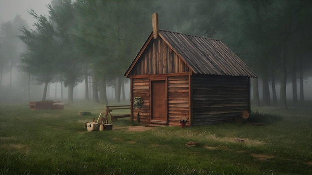 Kleine Hütte für Bauern, die sich im Nebel ausruhen