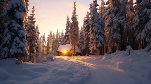 Kleine Hütte im schneebedeckten Wald, gemütlicher Rückzugsort in der Wildnis