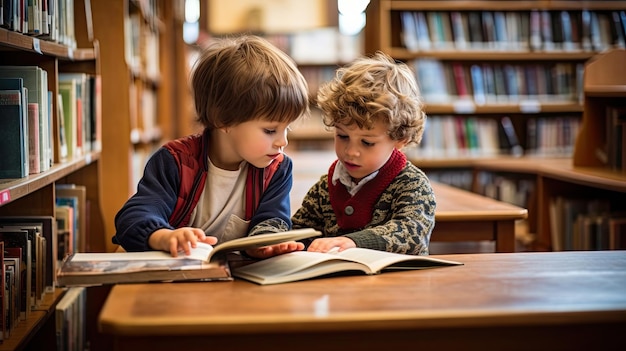 Kleine Jungen lesen Bücher in der Bibliothek