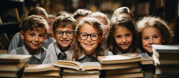 Kleine Jungen und Mädchen lächeln, lesen Bücher mit Brille, ein glücklicher Schuljunge in einem Klassenzimmer.