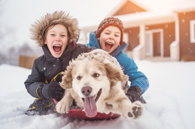 Kleine Jungs auf Schnee-Bagel mit Hund genießen Wind mit Freund