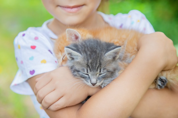Kleine Kätzchen in den Händen von Kindern