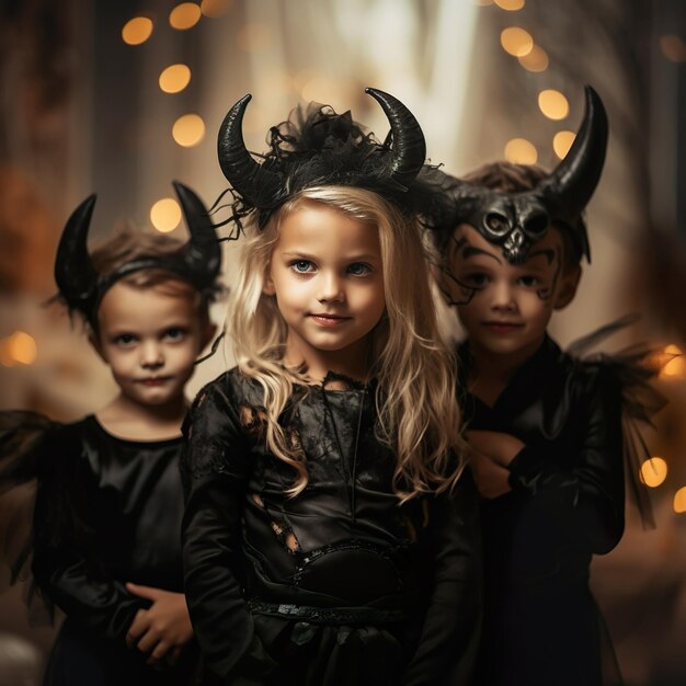 Kleine Kinder auf einer Halloween-Party in gruseligen Kostümen posieren, Halloween-Konzept, von der KI generiert