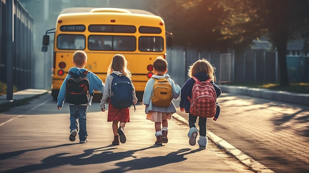 Kleine Kinder gehen in einer Gruppe zum gelben Schulbus. Erstellt mit generativer KI-Technologie