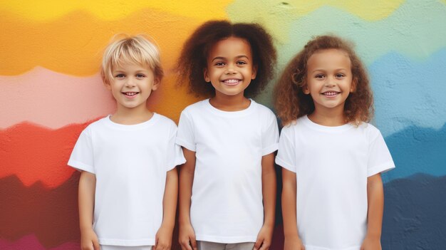 Kleine Kinder in weißen T-Shirts stehen zusammen vor einem bunten Hintergrund und tragen Kleidung