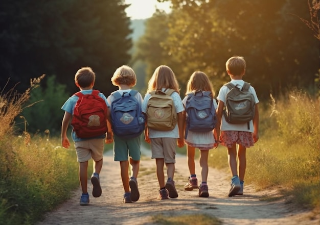 Kleine Kinder, Schulkinder, Schüler, Studenten gehen zum Schulgebäude. Willkommen zurück in der Schule. Das neue akademische Semester beginnt AI Generated