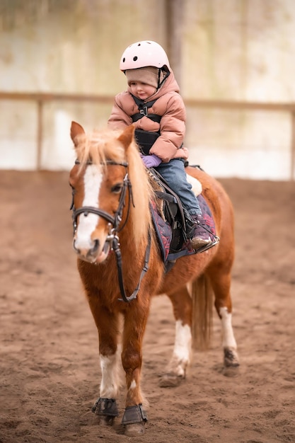 Kleine Kinderreitstunde Dreijähriges Mädchen reitet auf einem Pony und macht Übungen