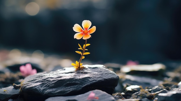 Foto kleine kleine blume wächst auf einem felsen in einer schönen umgebung im stil des präzisionisten