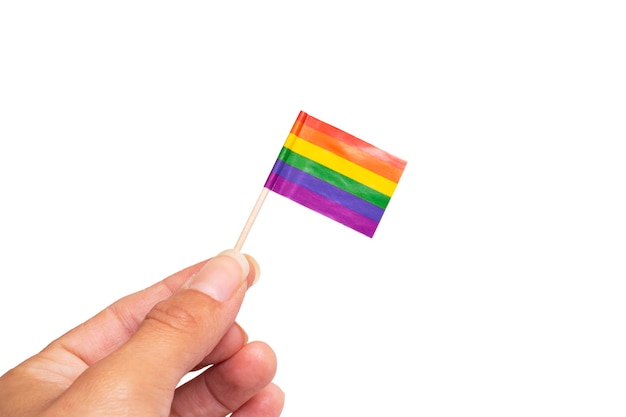 Kleine LGBT-Flagge in der Hand isoliert auf weißem Hintergrund